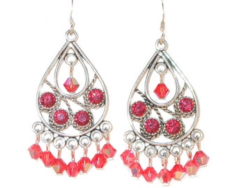 SWAROVSKI Elements CRYSTAL Chandelier Earrings Silver PADPARADSCHA Rosy Coral