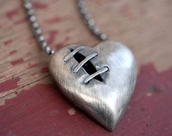 Sutured Heart Necklace Silver Dark Finish Free Domestic Shipping