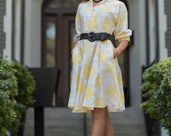Vintage Lemon Yellow And White Floral Full Circle Dress (Size Small/Medium)