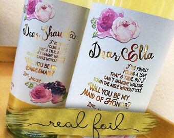 Real Gold Foil Wisteria Wedding Bridal Party Proposal Wine Labels Ask Bridesmaids Gift Wine Label Sticker / Custom Labels Ask Gift Best Wine