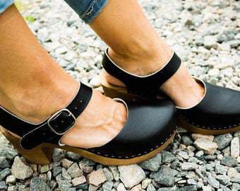 Leather clogs Black sandals Ankle Strap Sandals Wooden clogs swedish clogs Handmade clogs sandals Gift for women mules high heel wood clog