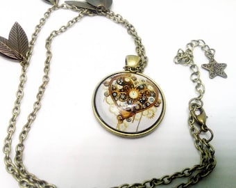 steampunk necklace, heart and multiple wheels vintage