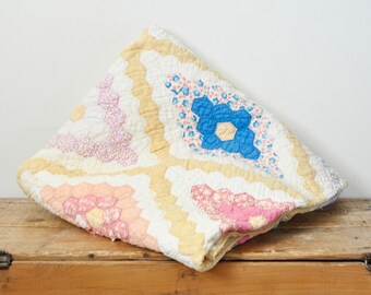 Vintage Grandmothers Flower Garden Feedsack Tattered Cutter Quilt 68 X 75