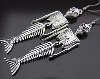 Mermaid Earrings Silver Skull Mermaid Skeleton Charm Dangle Earrings Skull Mermaid Earrings Halloween Decoration
