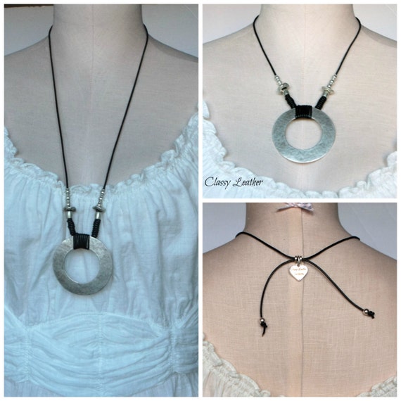 Women fashion necklace, leather and silver necklace ,circle of life leather necklace ,two in one necklace, gift for her