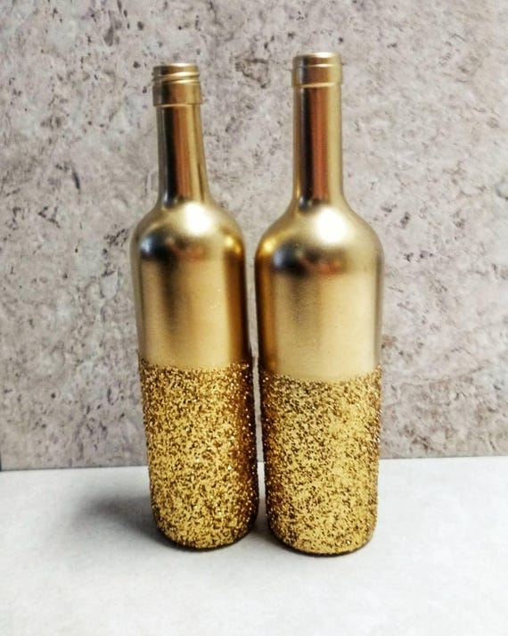 Gold Glitter Wine Bottle Set of 2 Gold Centerpiece Gold