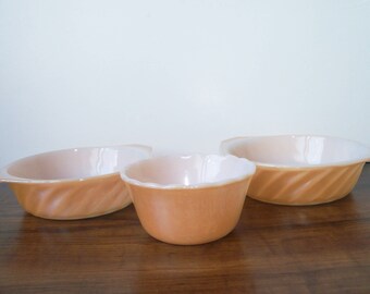 3 Vintage Fire King Milk Glass peach lusterware small bowls (#EV235)
