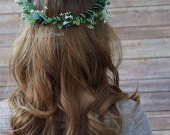 Baby's breath and greenery flower crown, greenery floral crown, bridal flower headpiece, bridesmaid baby's breath crown