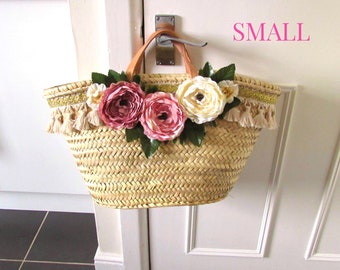 Französisch romantischen Boho Korb rosa Pfingstrose Bauernhaus Stil Strohkorb kleinen Markt Tasche kleine Stroh Tasche Shabby chic Kohl-Rose Hochzeit Korb