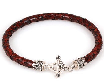 6mm Braided Leather Bracelet Sterling Silver 925 Toggle Handmade