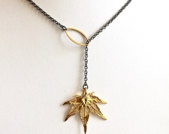 Real Leaf Lariat Necklace - Japanese Maple Leaf, Leaf Jewelry, Nature Jewelry, Gold Leaf, Botanical Jewelry, Mixed Metal