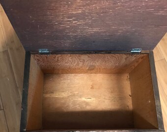 Vintage hand made wooden storage box with hinge lid and footed collectible toy box display garage shed storage