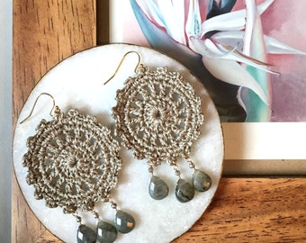 Hand crochet statement earrings, taupe crochet, labradorite semi-precious
