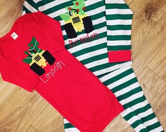 Big bro and new little bro christmas pj pajamas set! Tractors! So cute! Personalized and name embroidered! Choose size! Announcement pics!