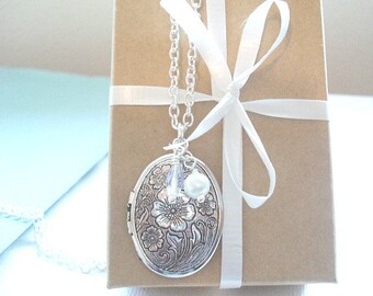 Silver Locket Necklace Gift Under 25 Oval Silver Locket Cherry Flower Blossom Locket Jewelry