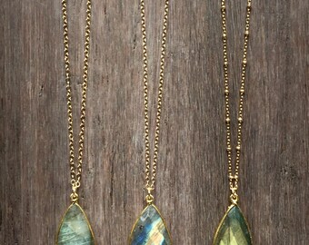Labradorite Crystal Mjölnir Necklace with Hematite and Lava Stone