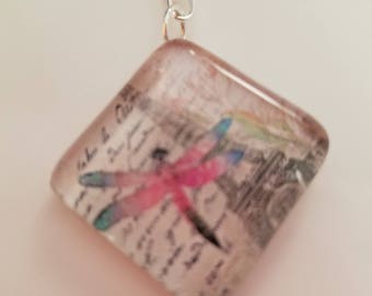 Square Glass Dragonfly Pendant