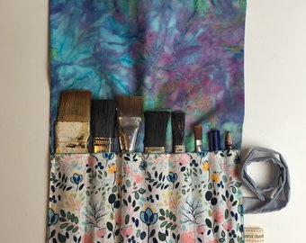 Tie dye artists paintbrush wrap tidy pen roll up floral flower makeup brush set organisation organization gift birthday hobby bright hippy
