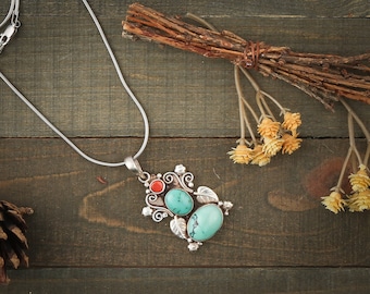 Turquoise and Coral filigree 925 Sterling Silver pendant