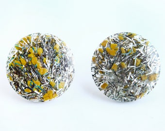 Vintage Lucite Silver and Yellow Confetti Earrings ~ Retro Costume Jewelry