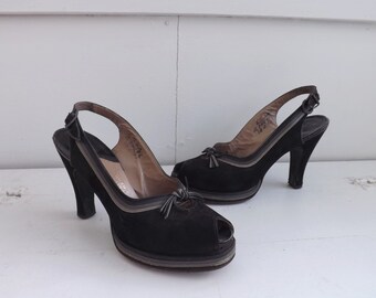 1940s Palter DeLiso Shoes Platform 40s Peeptoe Slingback Heels Vintage 6 1/2 AA Suede