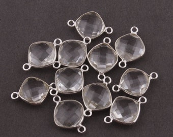 April Sale 6 Pcs Crystal Quartz Hydro 925 Sterling Silver Faceted Cushion Shape Double Bail Connector-19MMx13MM SS3486