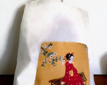Cotton tote bag tote bag handpainted Geisha