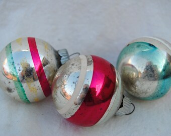 Striped Shiny Brite mercury glass Christmas ornaments Set of Three