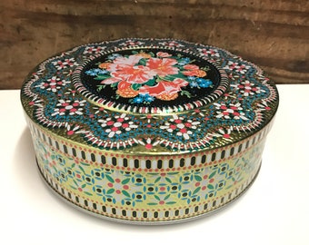 Vintage Raised Mosaic Floral Tin, Vintage Candy Tin, Decorative Tin, Round Floral Tin, Old Biscuit Tin