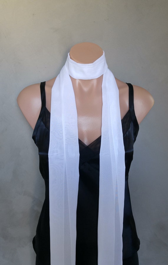 White Scarf, White Sheer Chiffon Skinny Scarf, Chiffon White Scarf, Sheer White Skinny Scarf, White Chiffon Scarf, White Skinny Sheer Scarf