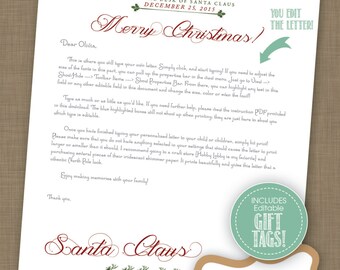 EDITABLE INSTANT DOWNLOAD Letter from Santa Claus // Santa Claus Letterhead // Editable Gift Tags included