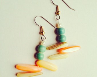 Earrings - Minty Green Glass with Peachy Shells and Pearls -