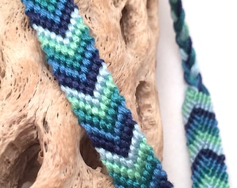 Chevron friendship bracelet - blue - green - arrowhead - embroidery floss - knotted - thread - string - v - macrame - braided - handmade