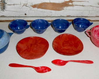 Vintage Irwin Plastic Play Dishes, Vintage Toy Dishes, Vintage Red and Blue Toy Dishes