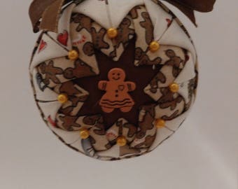 Brown & White folded fabric handmade ornament with gingerbread man decoration