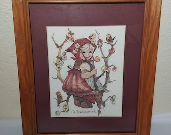 Finished counted cross stitch "Girl in a Apple Tree" Framed/matted