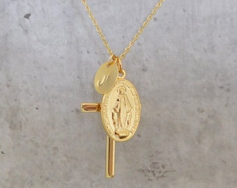 Personalized Gold Cross Necklace, Miraculous Mary Initial Necklace, Virgin Mary Necklace, Religious Necklace, Virgin Mary Necklace
