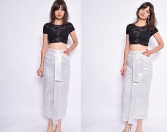 Vintage 70's Metallic Silver Maxi Skirt / High Waist Front Pleated Long Skirt - Size Small