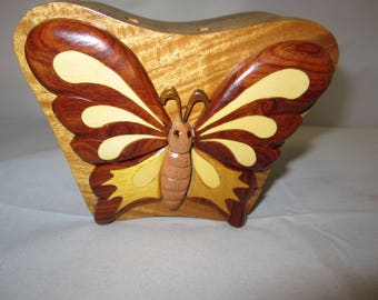 World Design Butterfly Hand Crafted Carved Wood Puzzle Jewelry / Trinket Box