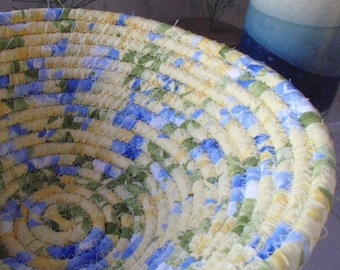 Yellow and Blue Coiled Fabric Basket - Catchall, Floral Print, Cottage Chic, Handmade by Me