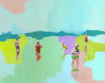 Fresh - art print of figurative abstract painting | people in the beach sea water swimming | pastel seascape living room decor