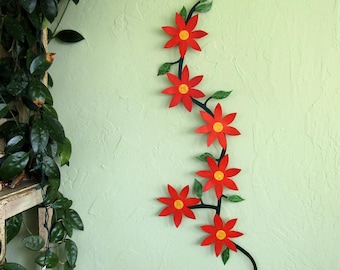 Large Metal Wall Art Flower Vine Sculpture Climbing Trailing Orange Flowers Clematis Kitchen Wall Art Indoor Outdoor Recycled Metal 22 x 42