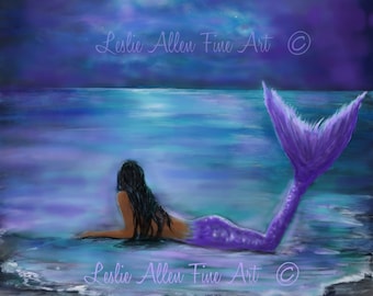 Mermaid Art Print Mermaid Painting Print Mermaid Wall Art Decor Wall Hanging "MOON & STARS MERMAID" Crescent Moon " Leslie Allen Fine Art