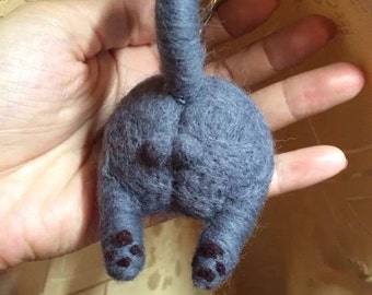 Black Cat Butt key chain, needle felted wool.