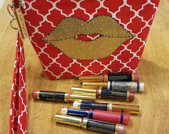Distributors wrist-let bag, purse, direct sales, LipSense, red and white, holds 21 lipsticks & additional supplies, golden lips