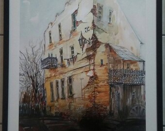Original watercolor painting of old building in Vilnius