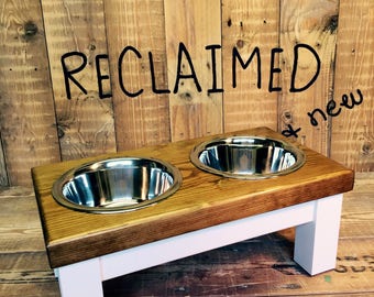 medium dog, double bowl dog table, raised dog bowl, dog bowls, raised pet feeder, chunky farmhouse style top in dark oak danish oil