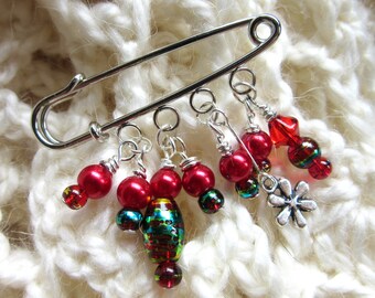 Red Scarf Pin - Brooch - Red Beaded Shawl Pin - Sweater Pin