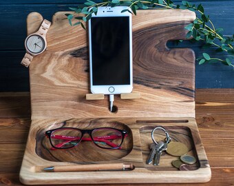 Eco Wood Organizer,Docking Station,Anniversary gift men,Nightstand organizer,Glasses holder,Charging dock,Wooden phone stand,Husband gift