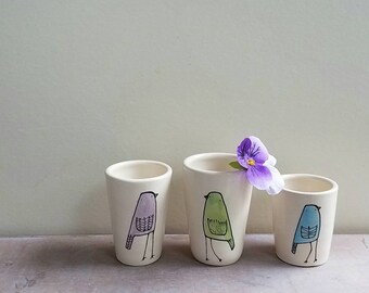 Mini bird vase, set of three, small purple green and blue bird vases, stocking stuffer